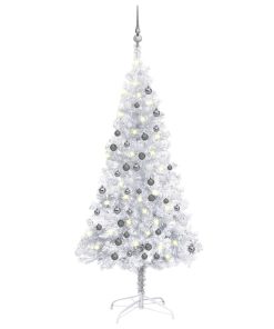 Umjetno božićno drvce LED s kuglicama srebrno 150 cm PET
