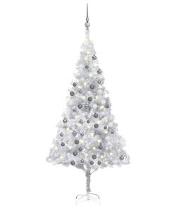 Umjetno božićno drvce LED s kuglicama srebrno 180 cm PET