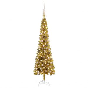 Usko božićno drvce s LED svjetlima i kuglicama 150 cm zlatno