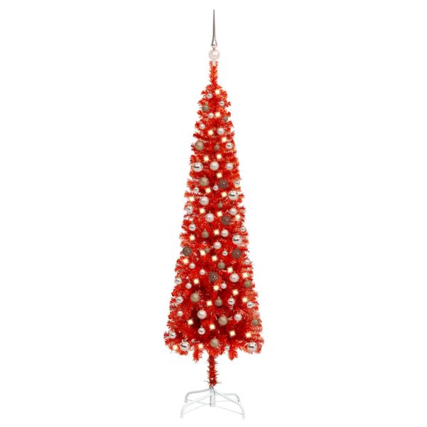 Usko božićno drvce s LED svjetlima i kuglicama 210 cm crveno
