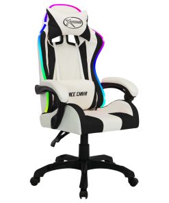 Igraća stolica s RGB LED svjetlima bijelo-crna od umjetne kože