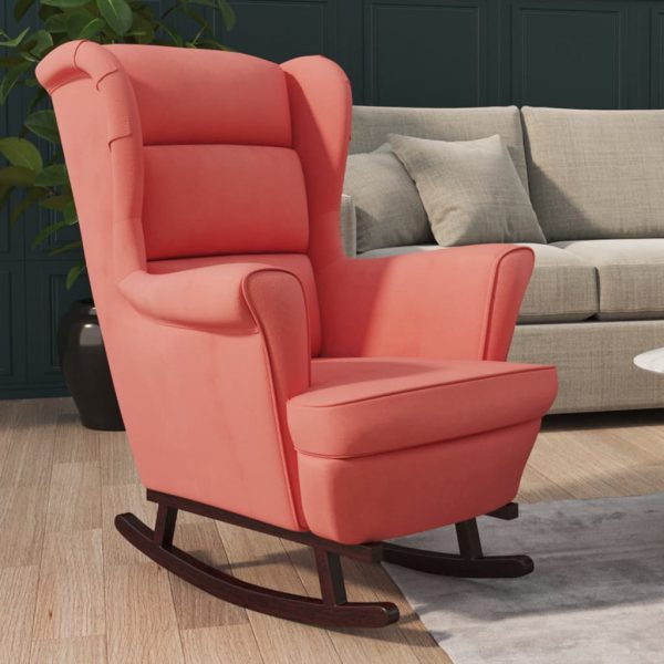Fotelja za ljuljanje s drvenim nogama ružičasta baršunasta