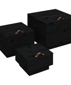 Kutije za pohranu s poklopcima 3 kom crne od masivne borovine