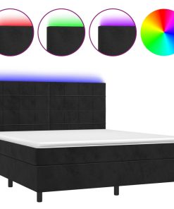 Krevet box spring s madracem LED crni 180x200 cm baršun