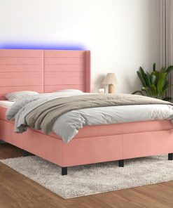 Krevet box spring s madracem LED ružičasti 140x190cm baršunasti