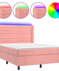 Krevet box spring s madracem LED ružičasti 140x190cm baršunasti