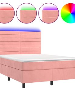 Krevet box spring s madracem LED ružičasti 140x190cm baršunasti