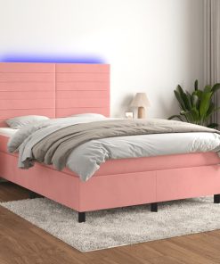 Krevet box spring s madracem LED ružičasti 140x190cm baršunasti