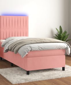 Krevet box spring s madracem LED ružičasti 90x200 cm baršunasti