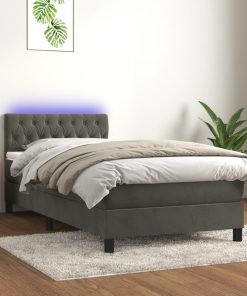 Krevet box spring s madracem LED tamnosivi 90x200 cm baršun