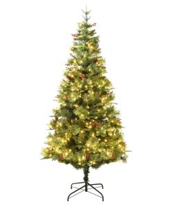 Božićno drvce s LED svjetlima i češerima zeleno 225 cm PVC i PE
