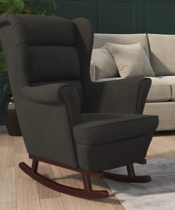 Fotelja za ljuljanje s drvenim nogama crna baršunasta
