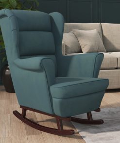 Fotelja za ljuljanje s drvenim nogama plava baršunasta