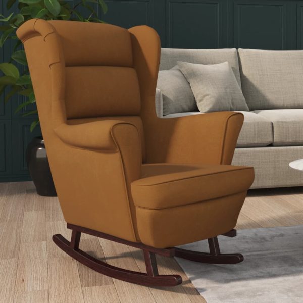 Fotelja za ljuljanje s drvenim nogama smeđa baršunasta