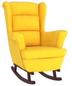 Fotelja za ljuljanje s drvenim nogama žuta baršunasta