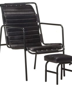 Fotelja za opuštanje s tabureom crna od prave kože