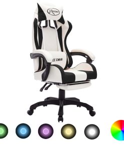 Igraća stolica s RGB LED svjetlima crno-bijela od umjetne kože