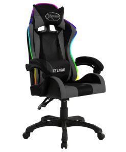 Igraća stolica s RGB LED svjetlima sivo-crna od umjetne kože