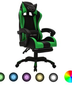 Igraća stolica s RGB LED svjetlima zeleno-crna od umjetne kože