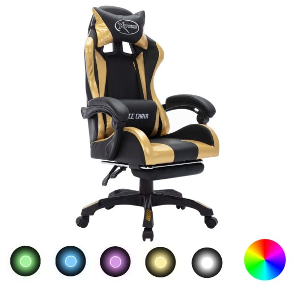 Igraća stolica s RGB LED svjetlima zlatno-crna od umjetne kože
