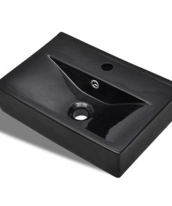 Keramički kupaonski umivaonik sa slavinom i otvorom crni pravokutni