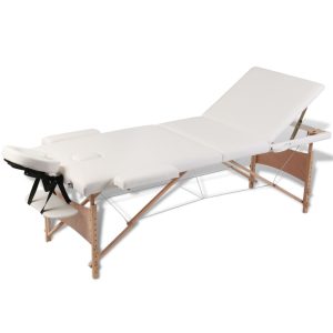 Krem bijeli sklopivi stol za masažu s 3 zone i drvenim okvirom