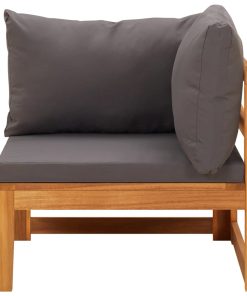 Kutna sofa s tamnosivim jastucima masivno bagremovo drvo