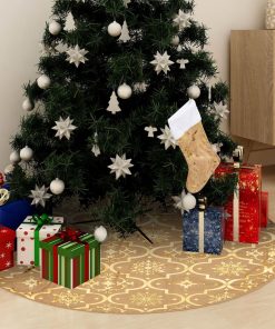 Luksuzna podloga za božićno drvce s čarapom žuta 122 cm tkanina