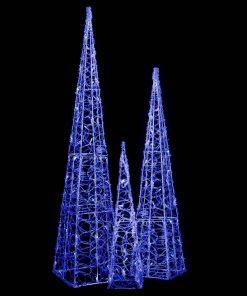 Set akrilnih ukrasnih LED stožaca plavi 60/90/120 cm