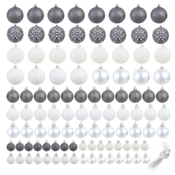 Set božićnih kuglica 100 komada 3/4/6 cm bijeli/sivi