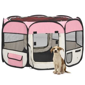 Sklopiva ogradica za pse s torbom za nošenje roza 110x110x58 cm