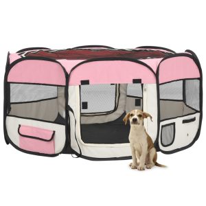 Sklopiva ogradica za pse s torbom za nošenje roza 145x145x61 cm