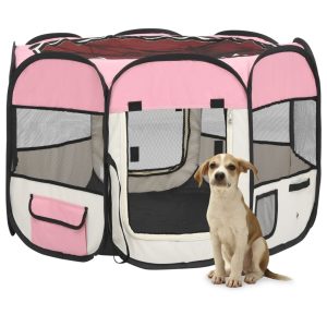Sklopiva ogradica za pse s torbom za nošenje roza 90x90x58 cm