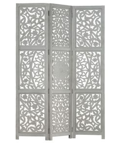 Sobna pregrada s 3 panela siva 120 x 165 cm masivno drvo manga