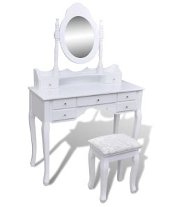 Toaletni stol s ogledalom i stolicom 7 ladica bijeli