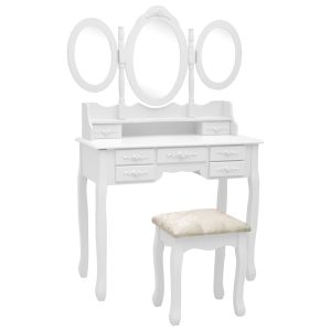 Toaletni stolić sa stolcem i trostrukim ogledalom bijeli