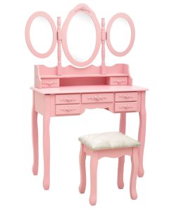 Toaletni stolić sa stolcem i trostrukim ogledalom ružičasti