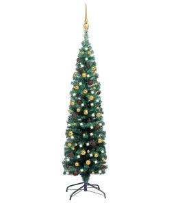 Usko božićno drvce s LED svjetlima i kuglicama zeleno 120 cm