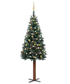 Usko božićno drvce s LED svjetlima i kuglicama zeleno 210 cm