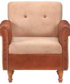 Zaobljena fotelja od prave kože i platna smeđa