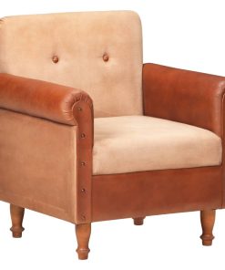 Zaobljena fotelja od prave kože i platna smeđa