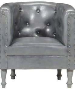 Zaobljena fotelja od prave kože siva