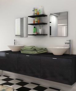 10-dijelni set kupaonskog namještaja s umivaonikom i slavinom crni