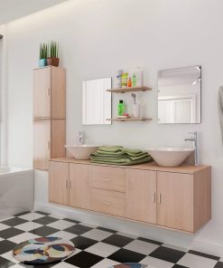 11-dijelni set kupaonskog namještaja s umivaonikom i slavinom bež
