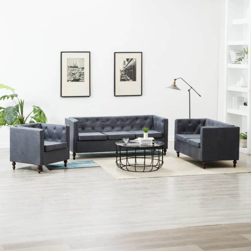 3-dijelni set sofa Chesterfield s presvlakom od tkanine sivi
