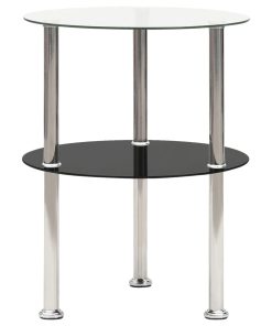 Bočni stolić s 2 razine prozirni i crni 38 cm kaljeno staklo
