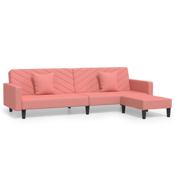Dvosjed na razvlačenje 2 jastuka i tabure ružičasti baršunasti
