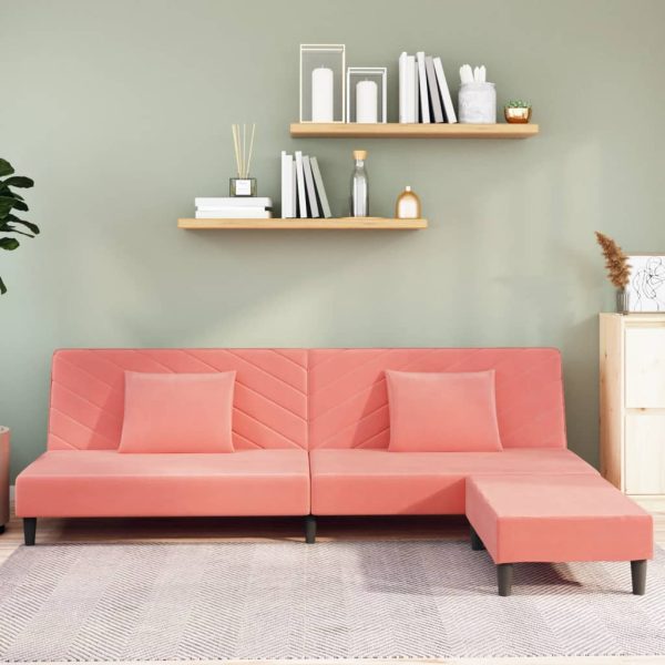 Dvosjed na razvlačenje 2 jastuka i tabure ružičasti baršunasti