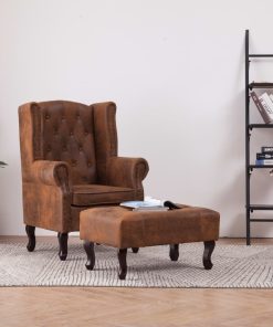 Fotelja Chesterfield s tabureom od umjetne brušene kože smeđa
