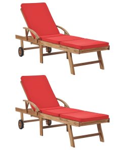 Ležaljke za sunčanje s jastucima 2 kom masivna tikovina crvene